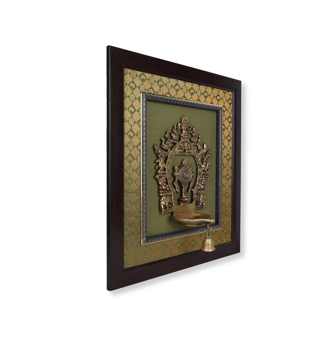 Brass Arch Chakra With Diya Framed On Raw Silk Photo Frame - 18 x 15.5 Inches | Thiruvachi &Bell Picture Frame - Hindu God Photos & Frames