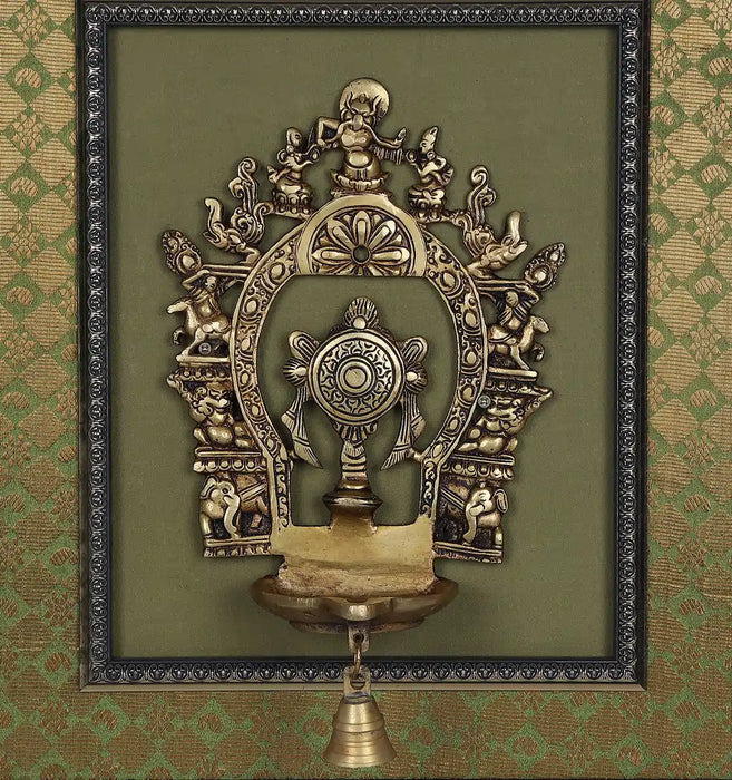 Brass Arch Chakra With Diya Framed On Raw Silk Photo Frame - 18 x 15.5 Inches | Thiruvachi &Bell Picture Frame - Hindu God Photos & Frames