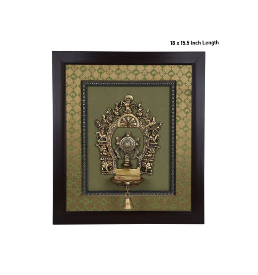Brass Arch Chakra With Diya Framed On Raw Silk Photo Frame - 18 x 15.5 Inches | Thiruvachi &Bell Picture Frame - Hindu God Photos & Frames