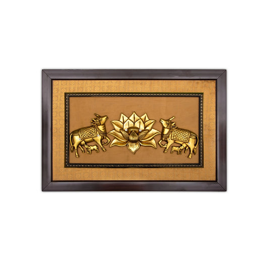 Brass Lotus With 2 Cow With Calf Framed On Raw Silk Photo Frame - 15 x 23 Inches | Cow Calf Idol Picture Frame - Hindu God Photos & Frames