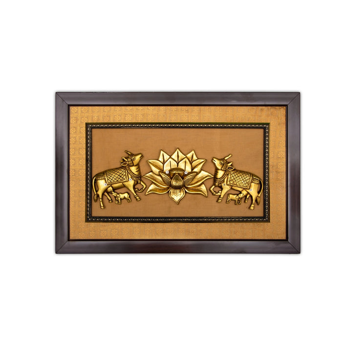 Brass Lotus With 2 Cow With Calf Framed On Raw Silk Photo Frame - 15 x 23 Inches | Cow Calf Idol Picture Frame - Hindu God Photos & Frames