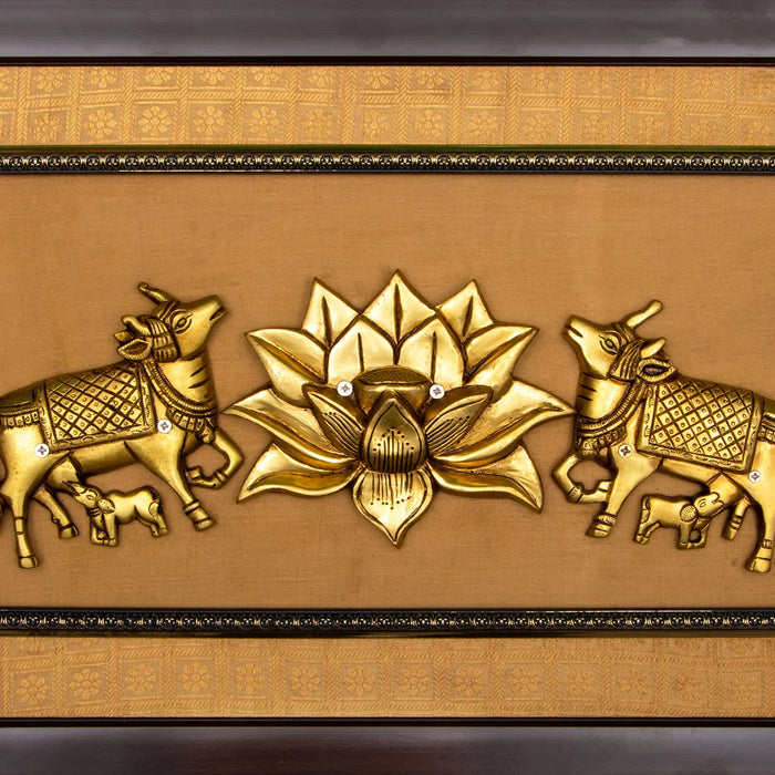 Brass Lotus With 2 Cow With Calf Framed On Raw Silk Photo Frame - 15 x 23 Inches | Cow Calf Idol Picture Frame - Hindu God Photos & Frames