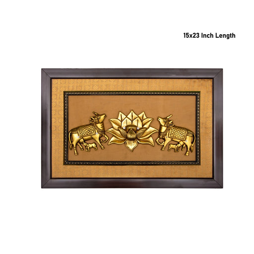 Brass Lotus With 2 Cow With Calf Framed On Raw Silk Photo Frame - 15 x 23 Inches | Cow Calf Idol Picture Frame - Hindu God Photos & Frames
