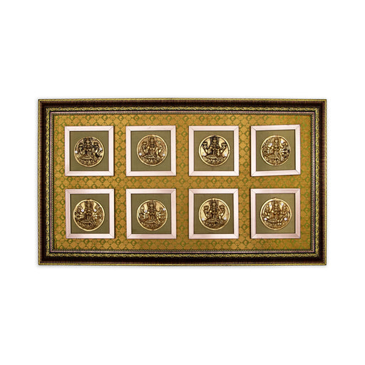 Brass Ashtalakshmi Idol Framed On Raw Silk Photo Frame - 34 x 19.5 Inches | Ashtalaxmi Murti Picture Frame - Hindu God Photos & Frames