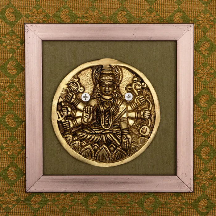 Brass Ashtalakshmi Idol Framed On Raw Silk Photo Frame - 34 x 19.5 Inches | Ashtalaxmi Murti Picture Frame - Hindu God Photos & Frames