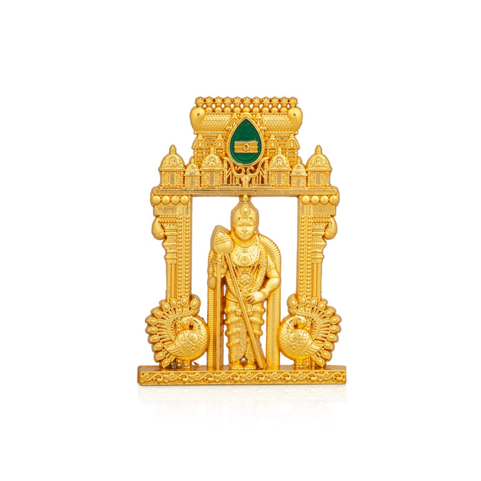 Murugan Statue With Temple Design Arch - 3 x 2.25 Inches | Zinc Kartikeya Statue/ Murugan Silai for Table Top - Gold Polish Murties
