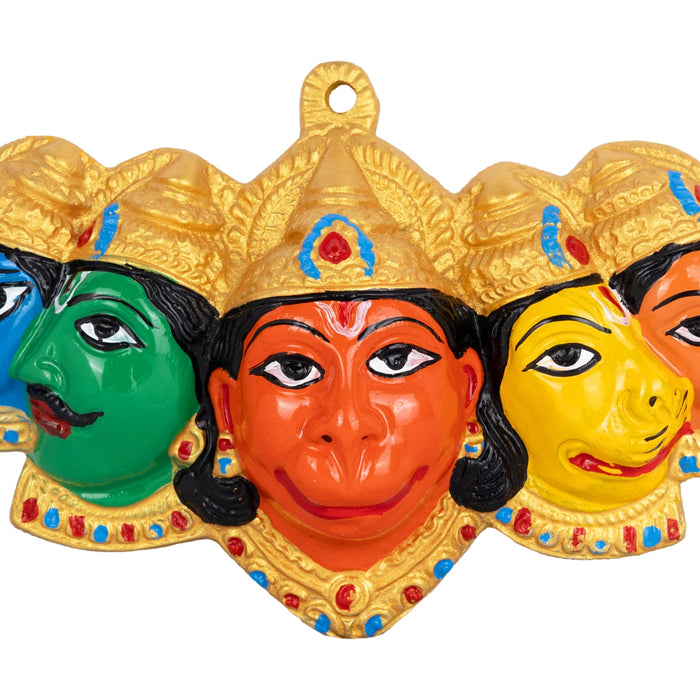 Panchamukha Anjaneya Wall Hanging - 3.5 x 7 Inches | Metal Hanuman Wall Hanger/ Painted Wall Decoration - Wall Hanging