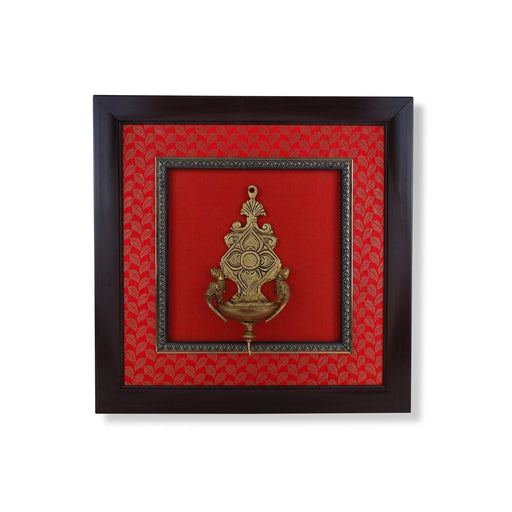 Brass Lamp Framed On Raw Silk Photo Frame - 15 x 15 Inches | Fancy Brass Deepam Picture Frame for Wall Decor - Hindu God Photos & Frames