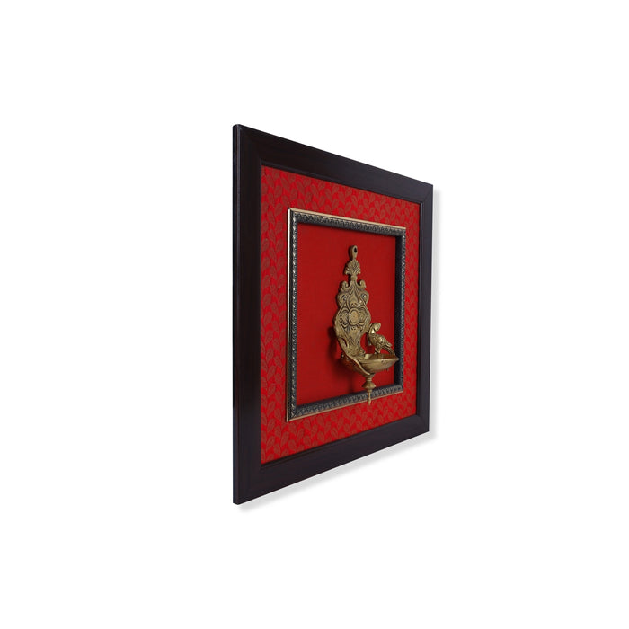 Brass Lamp Framed On Raw Silk Photo Frame - 15 x 15 Inches | Fancy Brass Deepam Picture Frame for Wall Decor - Hindu God Photos & Frames