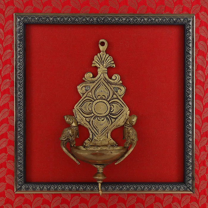 Brass Lamp Framed On Raw Silk Photo Frame - 15 x 15 Inches | Fancy Brass Deepam Picture Frame for Wall Decor - Hindu God Photos & Frames