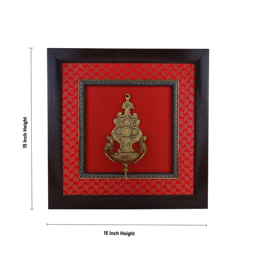 Brass Lamp Framed On Raw Silk Photo Frame - 15 x 15 Inches | Fancy Brass Deepam Picture Frame for Wall Decor - Hindu God Photos & Frames