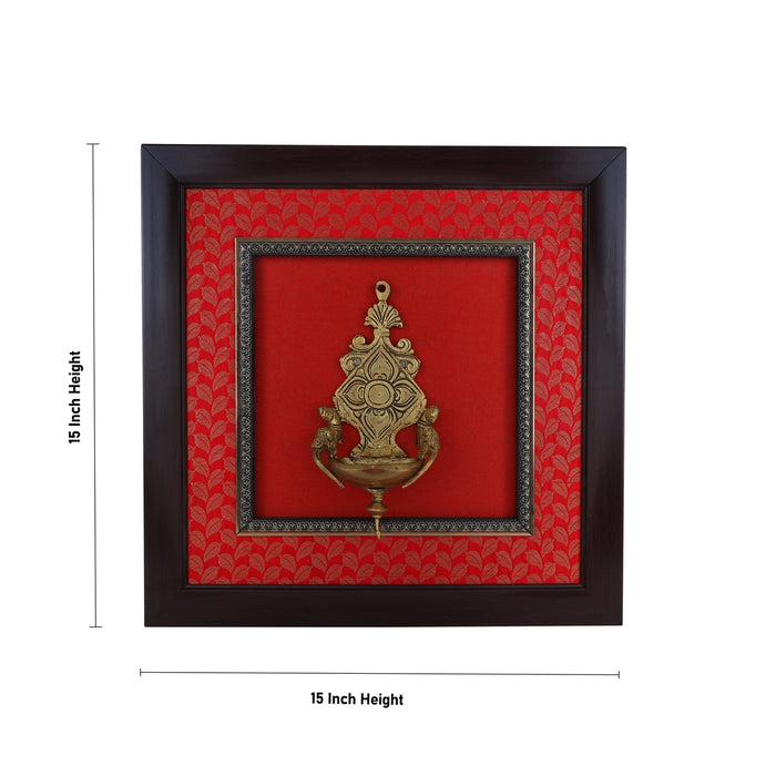 Brass Lamp Framed On Raw Silk Photo Frame - 15 x 15 Inches | Fancy Brass Deepam Picture Frame for Wall Decor - Hindu God Photos & Frames