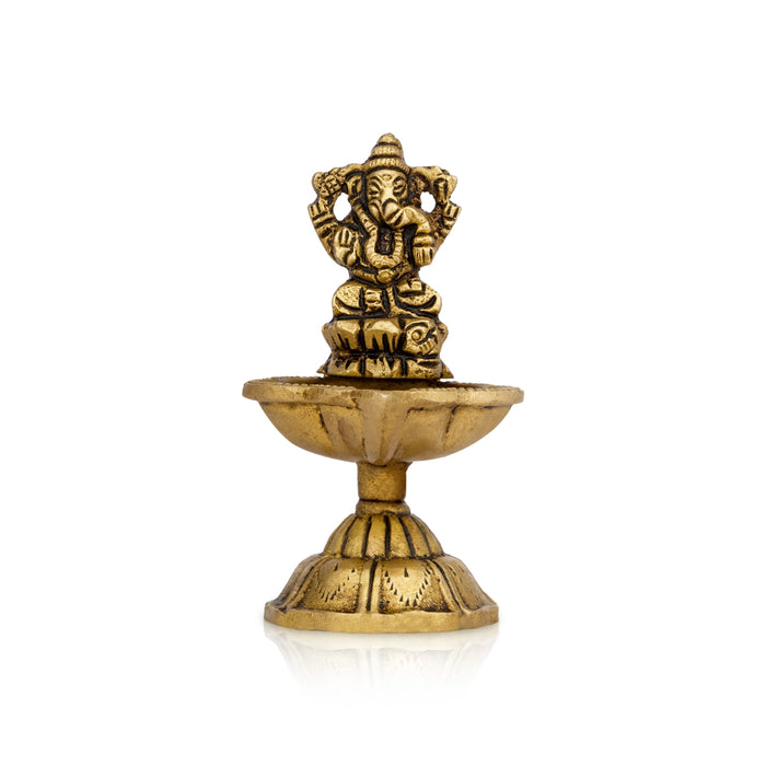 Brass Lamp With Ganesh Murti - 3.25 x 1.75 Inches | Antique Polish Deepam With Base/ Brass Vilakku for Pooja - Deity Lamps
