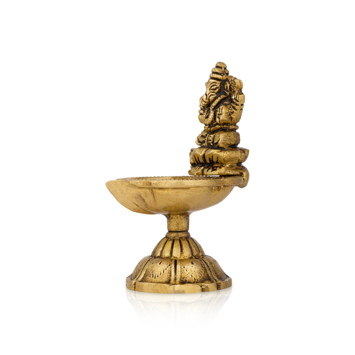 Brass Lamp With Ganesh Murti - 3.25 x 1.75 Inches | Antique Polish Deepam With Base/ Brass Vilakku for Pooja - Deity Lamps