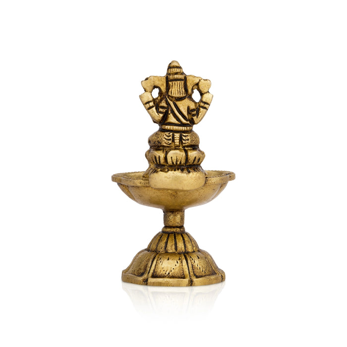 Brass Lamp With Ganesh Murti - 3.25 x 1.75 Inches | Antique Polish Deepam With Base/ Brass Vilakku for Pooja - Deity Lamps