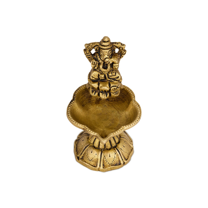 Brass Lamp With Ganesh Murti - 3.25 x 1.75 Inches | Antique Polish Deepam With Base/ Brass Vilakku for Pooja - Deity Lamps