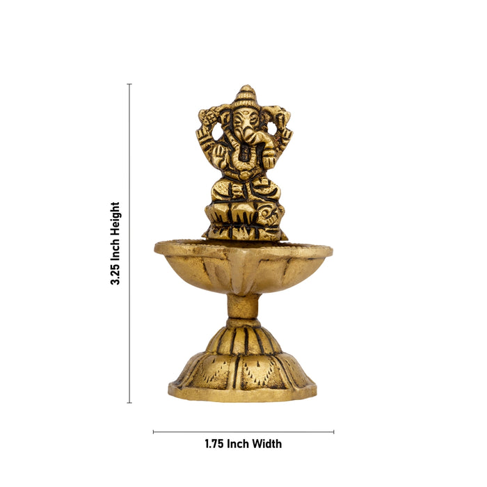 Brass Lamp With Ganesh Murti - 3.25 x 1.75 Inches | Antique Polish Deepam With Base/ Brass Vilakku for Pooja - Deity Lamps