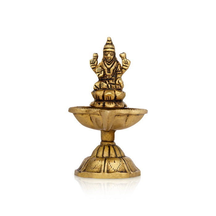 Brass Lamp With Lakshmi Murti - 3.25 x 1.75 Inches | Antique Polish Deepam/ Brass Vilakku With Base for Pooja - Deity Lamps
