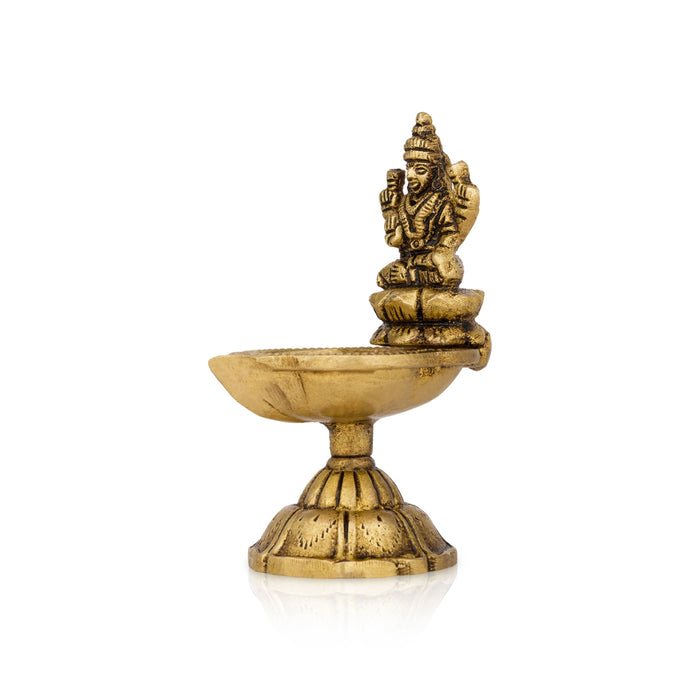Brass Lamp With Lakshmi Murti - 3.25 x 1.75 Inches | Antique Polish Deepam/ Brass Vilakku With Base for Pooja - Deity Lamps