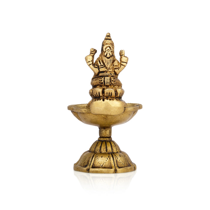 Brass Lamp With Lakshmi Murti - 3.25 x 1.75 Inches | Antique Polish Deepam/ Brass Vilakku With Base for Pooja - Deity Lamps