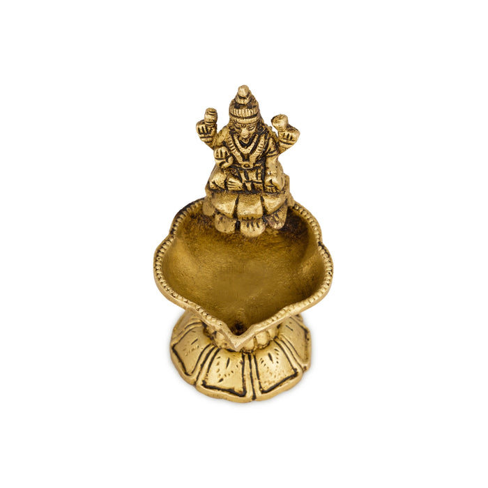 Brass Lamp With Lakshmi Murti - 3.25 x 1.75 Inches | Antique Polish Deepam/ Brass Vilakku With Base for Pooja - Deity Lamps