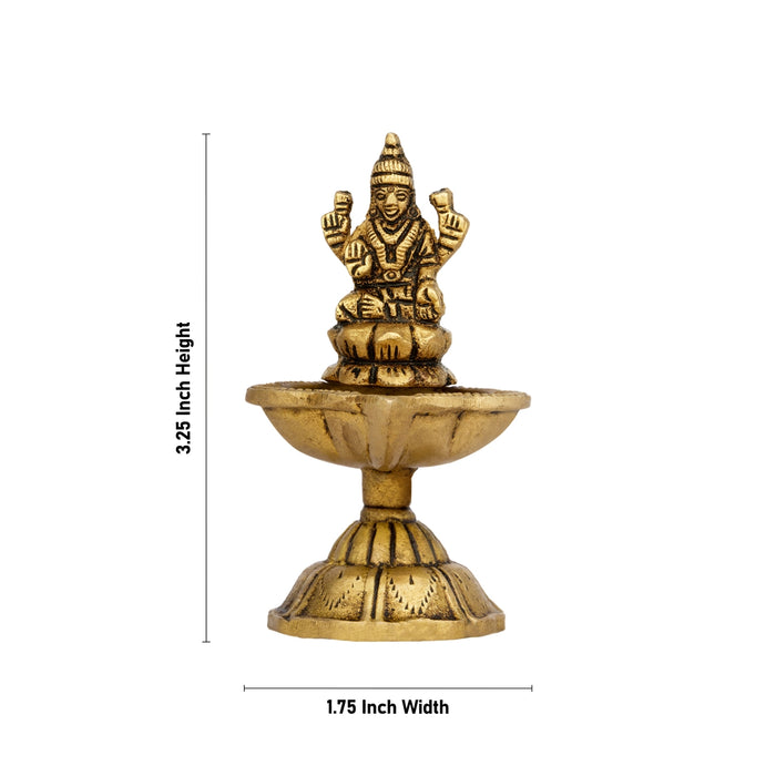 Brass Lamp With Lakshmi Murti - 3.25 x 1.75 Inches | Antique Polish Deepam/ Brass Vilakku With Base for Pooja - Deity Lamps