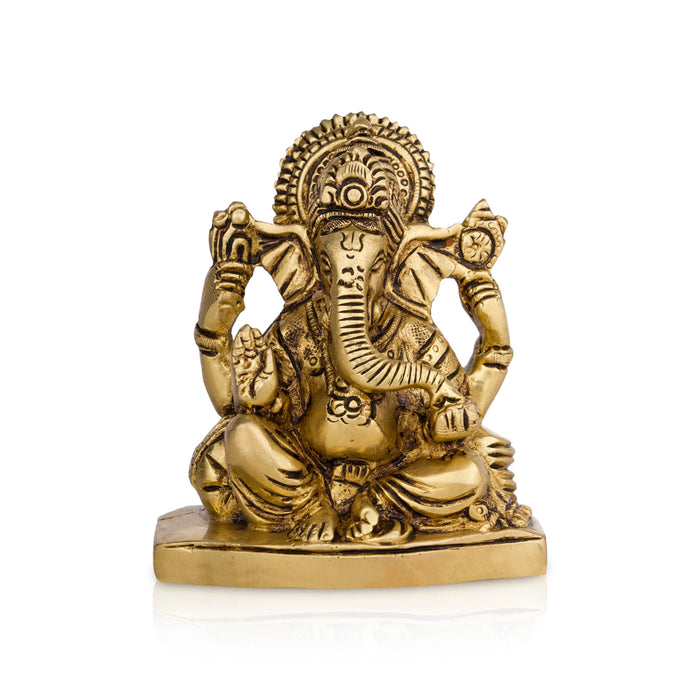 Ganesh Murti Sitting On Base - 4 x 3.5 Inches | Antique Brass Idol/ Vinayaka Statue for Pooja - Brass Murties