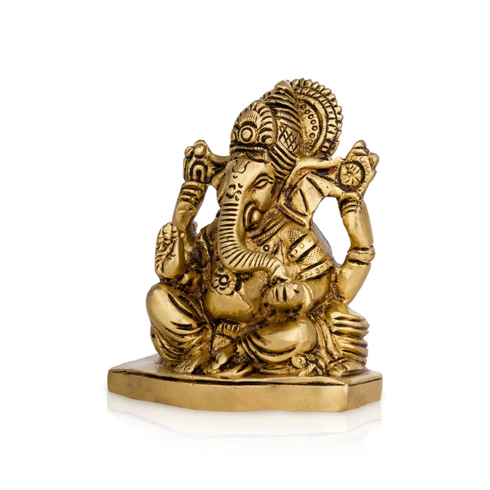 Ganesh Murti Sitting On Base - 4 x 3.5 Inches | Antique Brass Idol/ Vinayaka Statue for Pooja - Brass Murties