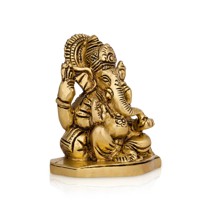 Ganesh Murti Sitting On Base - 4 x 3.5 Inches | Antique Brass Idol/ Vinayaka Statue for Pooja - Brass Murties