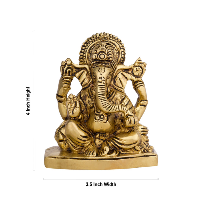 Ganesh Murti Sitting On Base - 4 x 3.5 Inches | Antique Brass Idol/ Vinayaka Statue for Pooja - Brass Murties