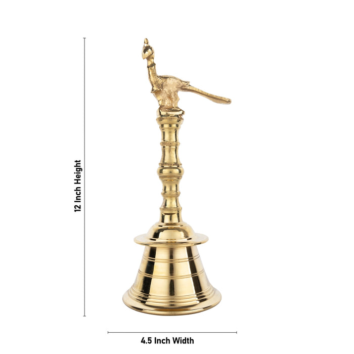 Hand Bell With Peacock Design Handle - 12 x 4.5 Inches | Brass Bell/ Ghanti for Pooja - Pooja Bells