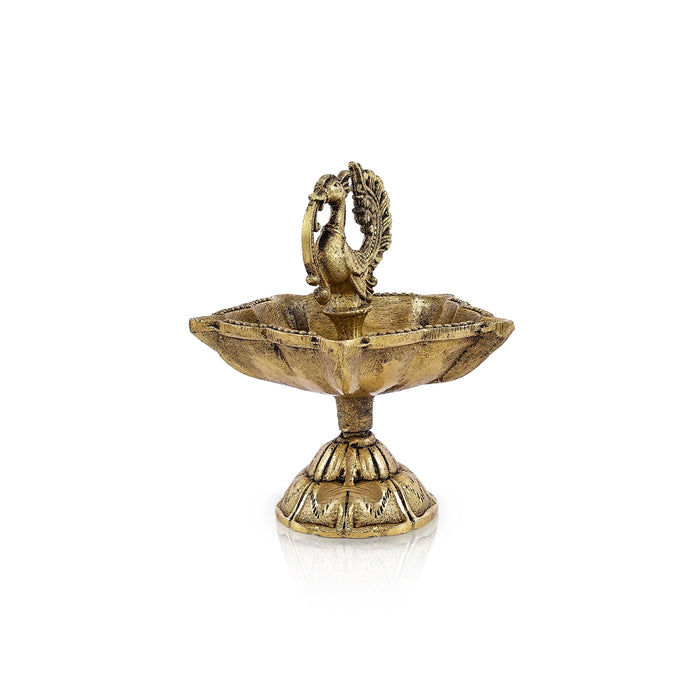 5 Face Lamp With Base - 3.5 x 2.5 Inches | Annam Design Brass Deepam/ Antique Polish Vilakku for Home & Pooja - 5 Faced lamp