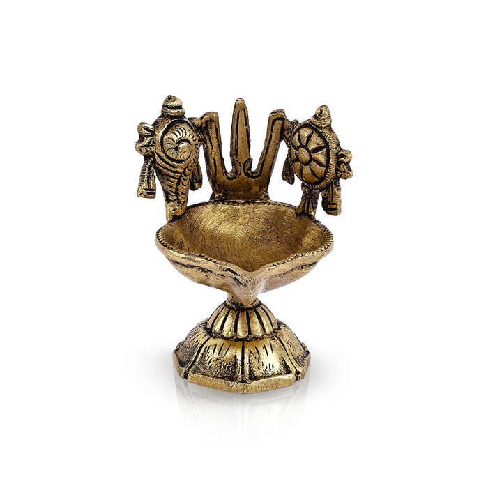 Shankh Chakra Namam Design Brass Lamp - 2.75 x 1.75 Inches | Antique Polish Vilakku With Base/ Deepam for Pooja - Deity Lamps