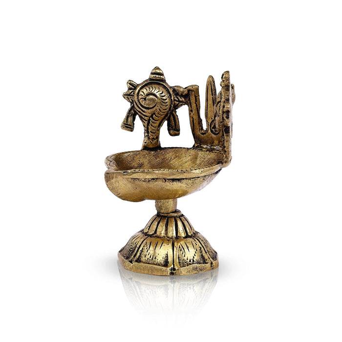 Shankh Chakra Namam Design Brass Lamp - 2.75 x 1.75 Inches | Antique Polish Vilakku With Base/ Deepam for Pooja - Deity Lamps