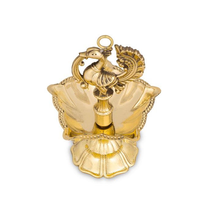 5 Face Brass Lamp With Base - 4.5 x 3 Inches | Annam Design Brass Vilakku/ Brass Deepam for Pooja - 5 Faced lamp