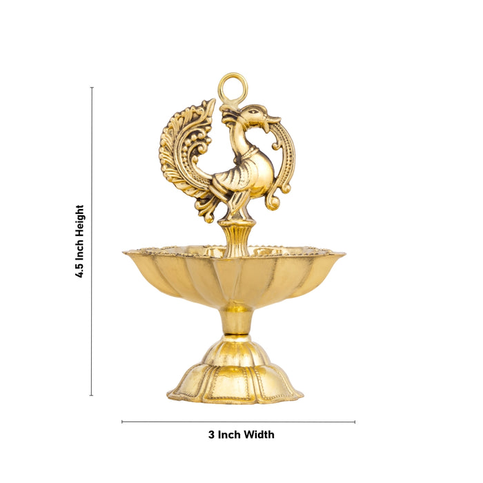 5 Face Brass Lamp With Base - 4.5 x 3 Inches | Annam Design Brass Vilakku/ Brass Deepam for Pooja - 5 Faced lamp