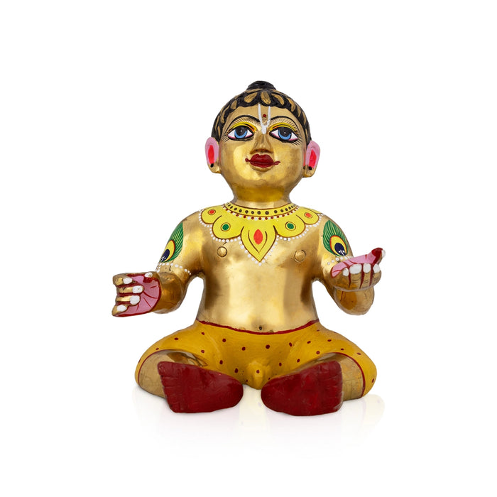 Baby Krishna Sitting Murti -9.5 x 7 Inches | Enamel Brass Idol/ Baby Krishna Idol/ Laddu Gopal Murti for Pooja - Brass Murties