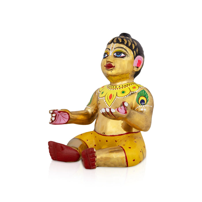 Baby Krishna Sitting Murti -9.5 x 7 Inches | Enamel Brass Idol/ Baby Krishna Idol/ Laddu Gopal Murti for Pooja - Brass Murties