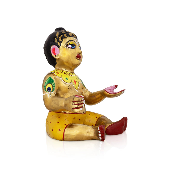 Baby Krishna Sitting Murti -9.5 x 7 Inches | Enamel Brass Idol/ Baby Krishna Idol/ Laddu Gopal Murti for Pooja - Brass Murties