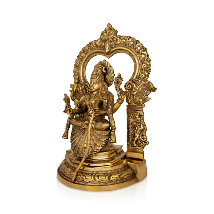 Kamakshi Sitting on Base with Arch Murti - 18.5 x 12.5 Inches | Panchaloha Idol/ Kamatchi Amman Statue for Pooja - Panchaloha Murties