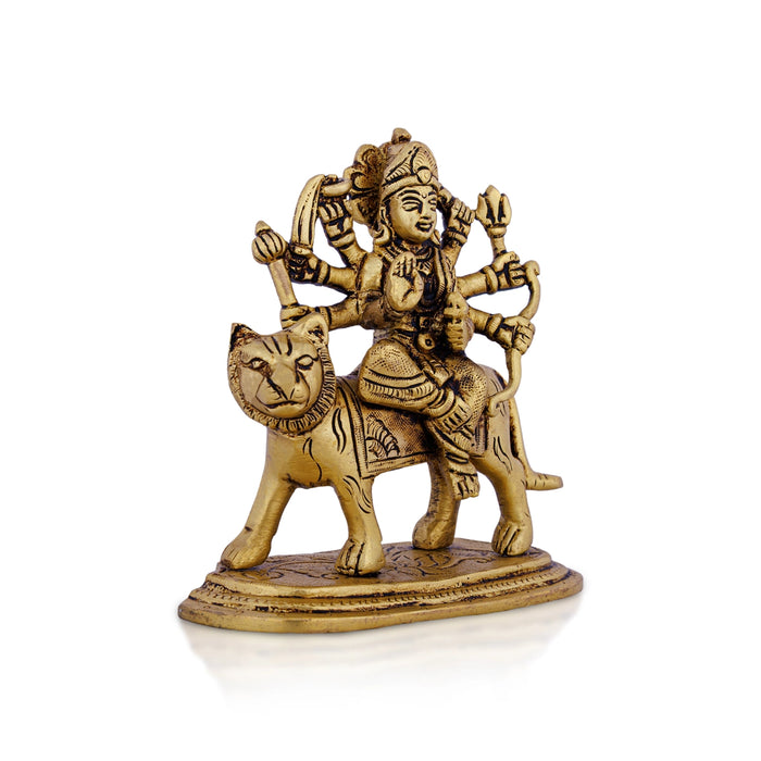 Durga Idol Sitting On Tiger - 4.75 X 4.5 Inches | 8 Hands Durga Murti/ Antique Brass Idol For Navratri Worship - Brass Murties