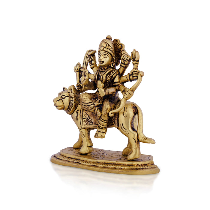 Durga Idol Sitting On Tiger - 4.75 X 4.5 Inches | 8 Hands Durga Murti/ Antique Brass Idol For Navratri Worship - Brass Murties