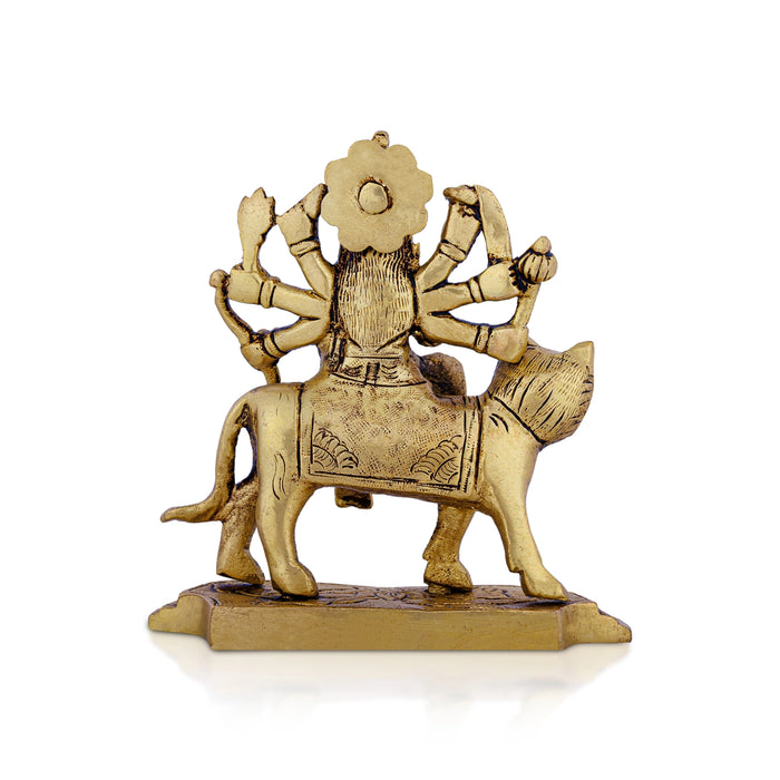 Durga Idol Sitting On Tiger - 4.75 X 4.5 Inches | 8 Hands Durga Murti/ Antique Brass Idol For Navratri Worship - Brass Murties