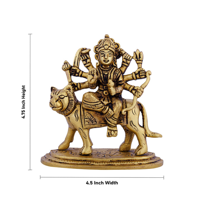 Durga Idol Sitting On Tiger - 4.75 X 4.5 Inches | 8 Hands Durga Murti/ Antique Brass Idol For Navratri Worship - Brass Murties