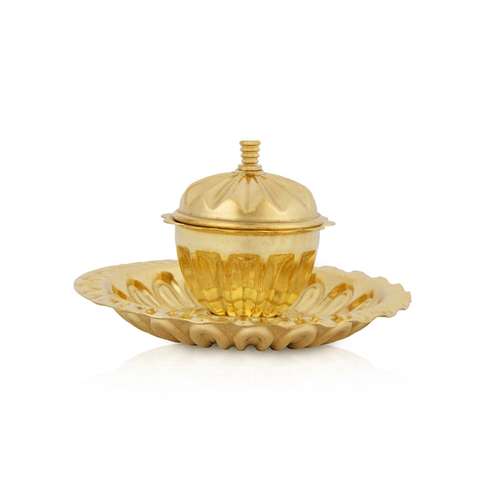 Brass Kumkum Pot With Plate - 1.5 X 3.5 Inches | Kumkum Box/ Kumkum Bharani/ Sindoor Pot For Pooja & Gifting - Sindoor Box