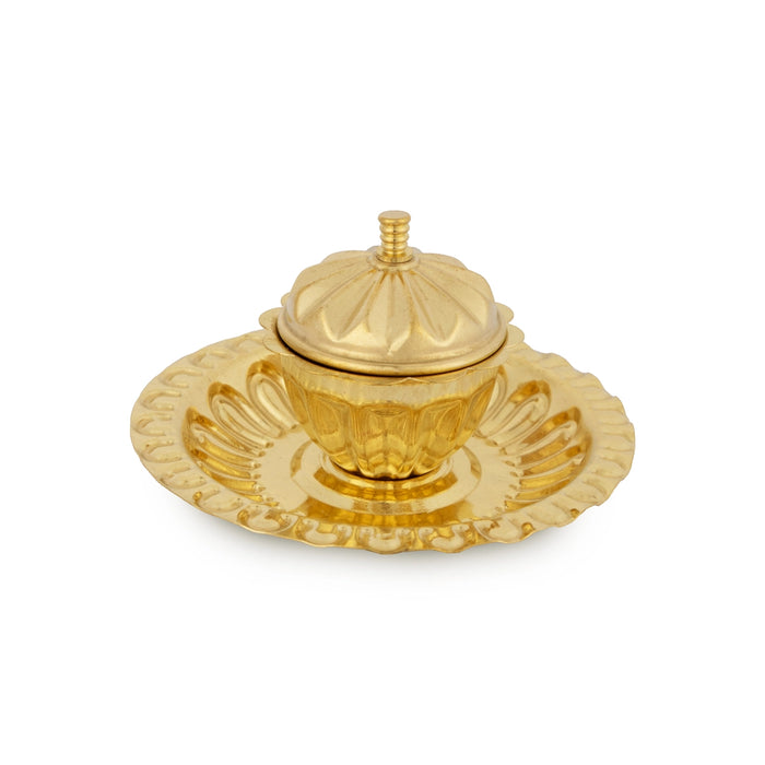 Brass Kumkum Pot With Plate - 1.5 X 3.5 Inches | Kumkum Box/ Kumkum Bharani/ Sindoor Pot For Pooja & Gifting - Sindoor Box