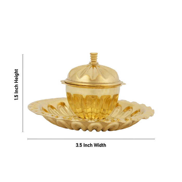 Brass Kumkum Pot With Plate - 1.5 X 3.5 Inches | Kumkum Box/ Kumkum Bharani/ Sindoor Pot For Pooja & Gifting - Sindoor Box