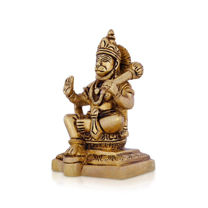 Anjaneya Statue Sitting On Base - 4.5 X 2.75 Inches | Antique Brass Idol/ Hanuman Statue For Blessings - Brass Murties