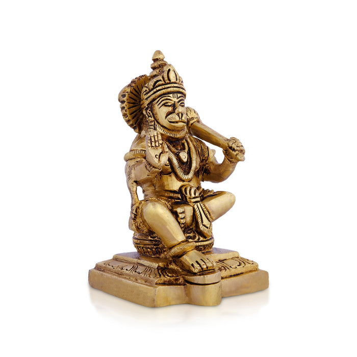 Anjaneya Statue Sitting On Base - 4.5 X 2.75 Inches | Antique Brass Idol/ Hanuman Statue For Blessings - Brass Murties