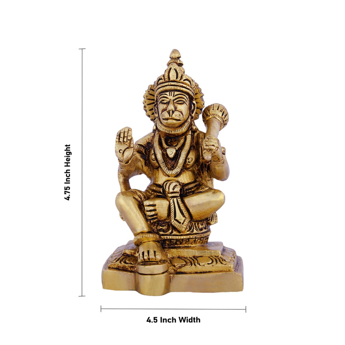 Anjaneya Statue Sitting On Base - 4.5 X 2.75 Inches | Antique Brass Idol/ Hanuman Statue For Blessings - Brass Murties